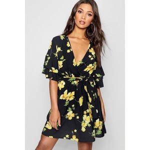 Boohoo Ruffle Sleeve Floral Tea Dress